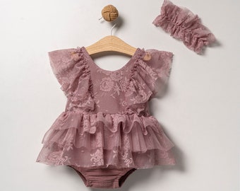 Lilac  lace girl romper , baby girl romper , 1st birthday outfit , smash the cake romper ,baby girl photoshoot outfit