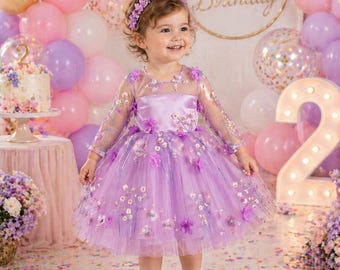 Encanto Birthday Dress, Purple Tulle Flower Girl Dress, Embroidered 3D Flowers, Lined Satin (2T-3T)