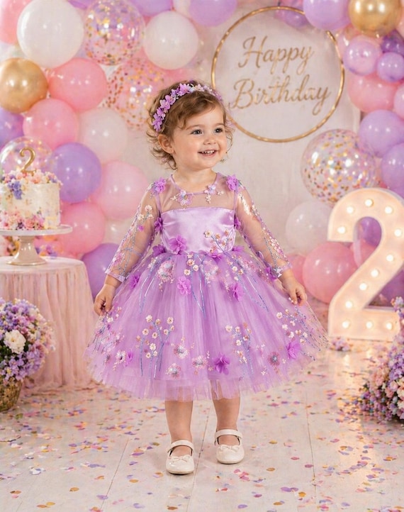Encanto Birthday Dress, Purple Tulle Flower Girl Dress, Embroidered 3D Flowers, Lined Satin (2T-3T)