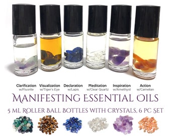 Manifesting Oil Set Infused with Crystals, 5ml Roller Bottles, Set of 6