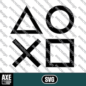 Pode incluir: Design gráfico preto e branco dos símbolos dos botões do PlayStation: um triângulo, um círculo, um X e um quadrado.