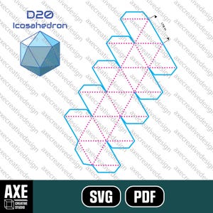 May include: A digital design featuring a D20 icosahedron and its unfolded net. The image includes a 3D rendering of the die and a flat, geometric pattern with dotted lines, with a measurement of 4.55 cm. The design is in shades of blue and white.