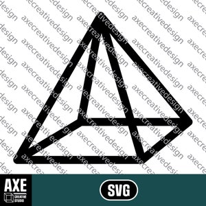 May include: A black geometric shape resembling a pyramid with multiple facets. The shape is outlined in thick black lines.