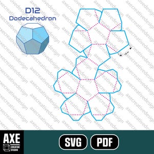 May include: A digital design for a D12 Dodecahedron, featuring a 3D model and a flat, unfolded template with 3.05 cm sides. The design is in SVG and PDF formats, with the Axe Creative Studio logo.