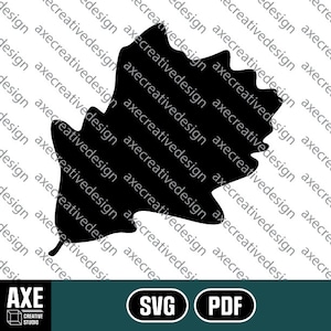 Puede incluir: Silueta negra de una hoja de roble. La hoja está orientada hacia la izquierda y tiene un borde dentado. La hoja está aislada sobre un fondo blanco.