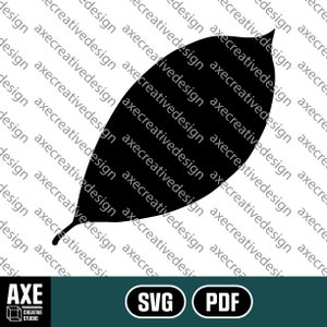 May include: A black leaf silhouette design with a stem. The image includes the text "SVG" and "PDF" in white circles, and the logo for "AXE Creative Studio". The background is a repeating pattern of the text "axecreativedesign".