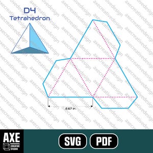 May include: A digital design for a D4 Tetrahedron, with a measurement of 6.78 cm. The design includes a 3D model and a flat, unfolded version with dotted lines for folding. The image also includes the text "SVG" and "PDF".