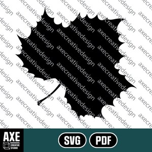 May include: A black silhouette of a maple leaf with a jagged edge. The leaf is facing left and has a stem.