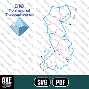 May include: A digital illustration of a D10 pentagonal trapezohedron, with a 6.43 cm measurement. The image includes a 3D model and a flat, unfolded design. The design is in blue and pink, with the Axe Creative Studio logo and SVG/PDF file type icons.