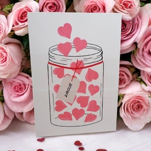 Carte double avec bocal de cœurs | Design unique pour amour et affection | Carte de Vœux Mignonne et Romantique | Amour, Amitié