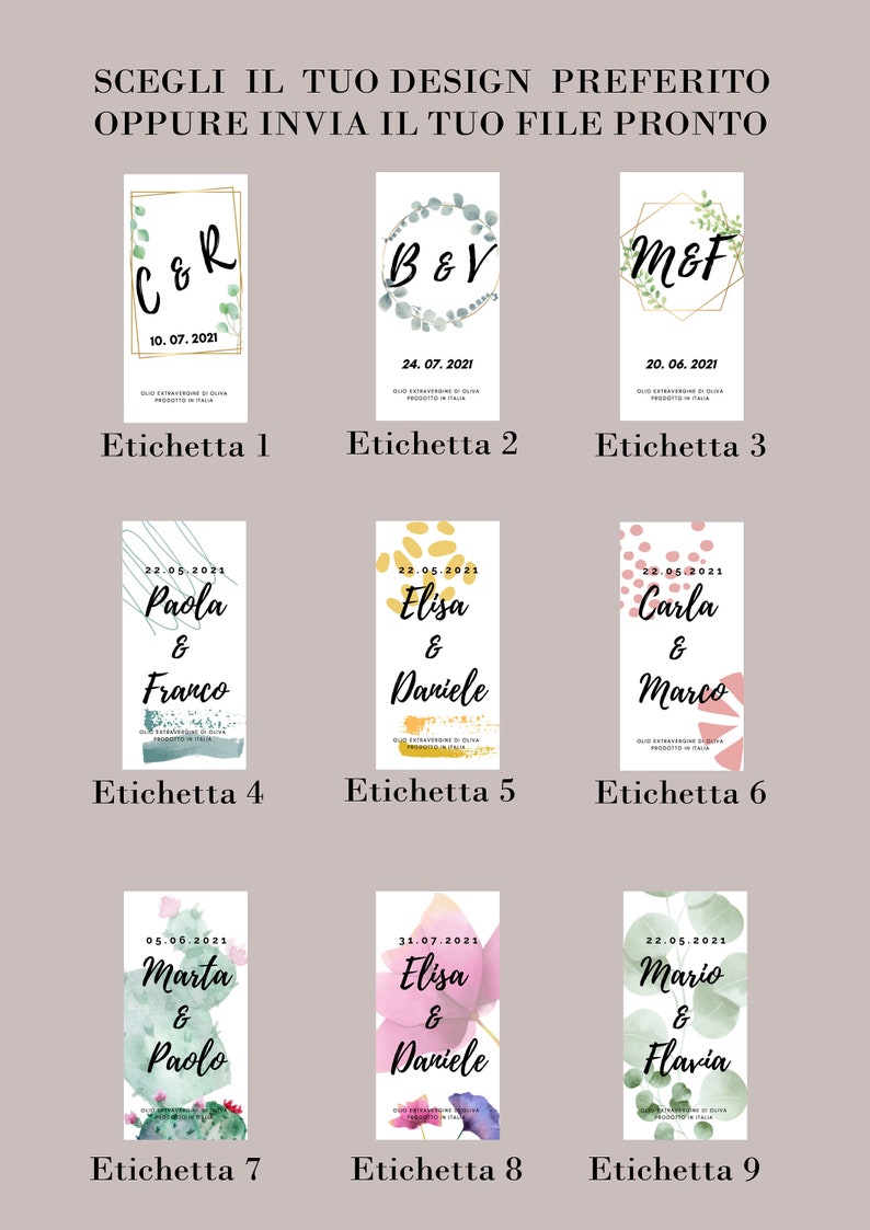 May include: Nine different wedding label designs with various floral and abstract patterns. The labels feature the names of the couples and the date of their wedding. The text "Scegli il tuo design preferito oppure invia il tuo file pronto" is at the top of the image.