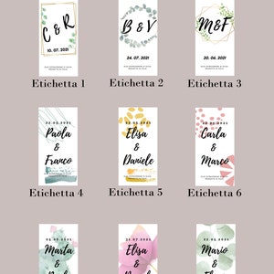 May include: Nine different wedding label designs with various floral and abstract patterns. Each label features a couple's names and wedding date. The labels are titled "Etichetta 1" through "Etichetta 9".