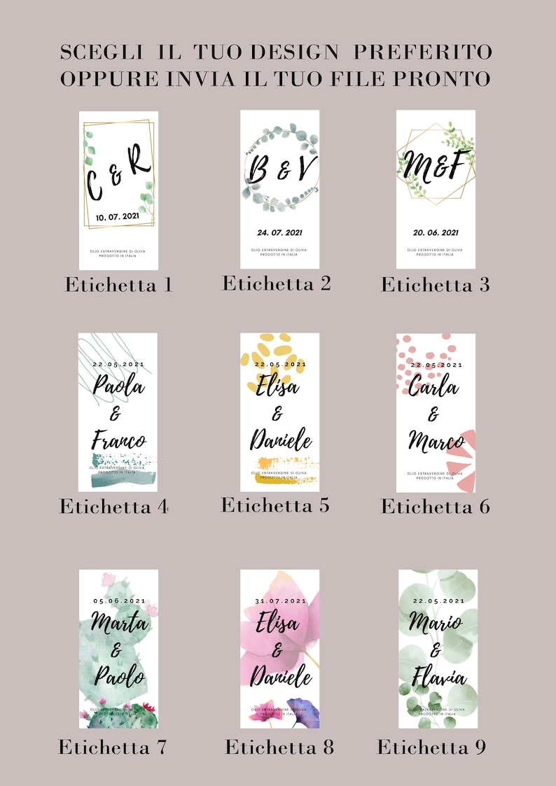 May include: Nine different wedding label designs with various floral and abstract patterns. Each label features a couple's names and wedding date. The labels are titled "Etichetta 1" through "Etichetta 9".