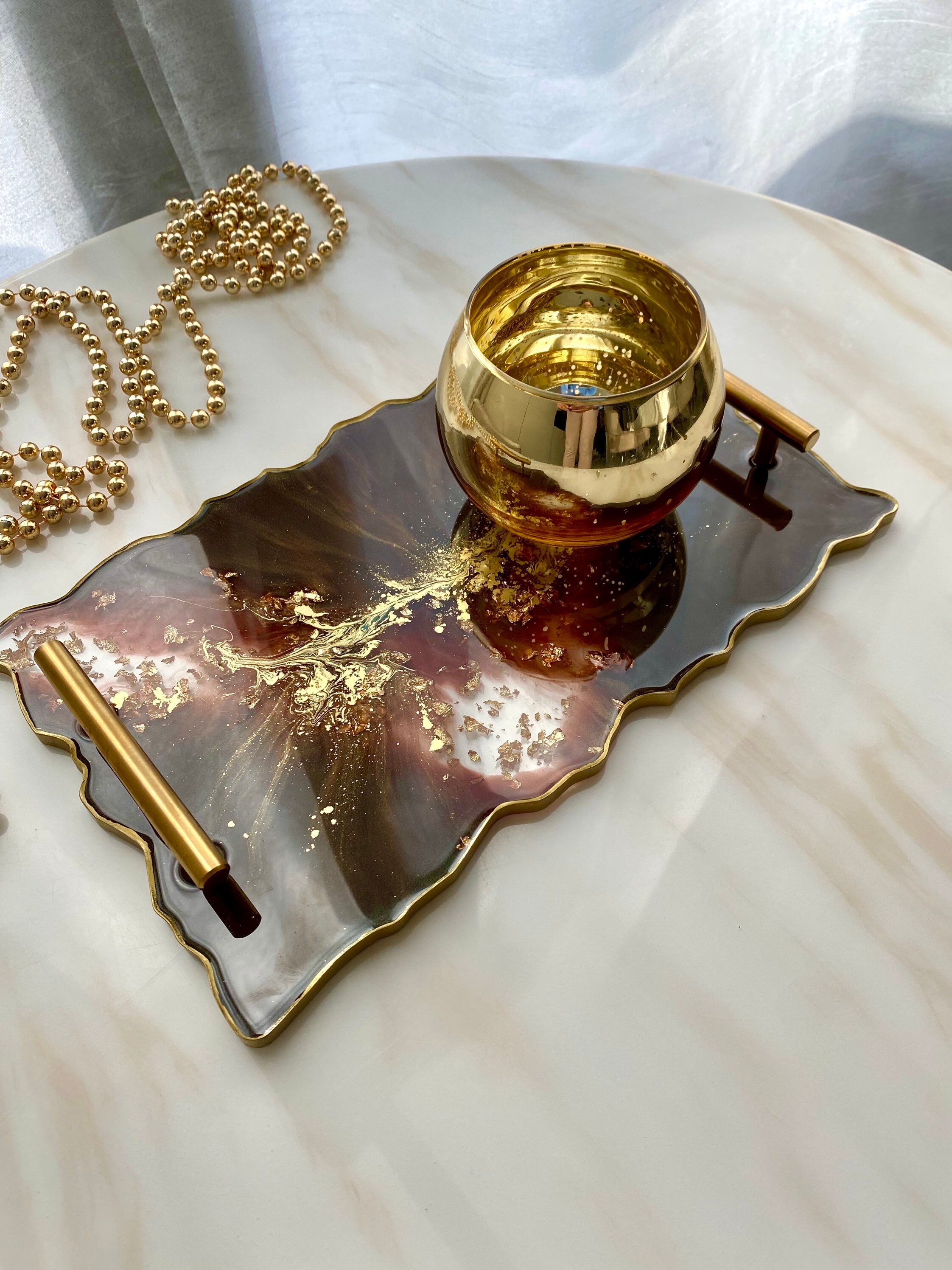Plateau en Résine Marron et Or Décoration de Luxe d'intérieur Art