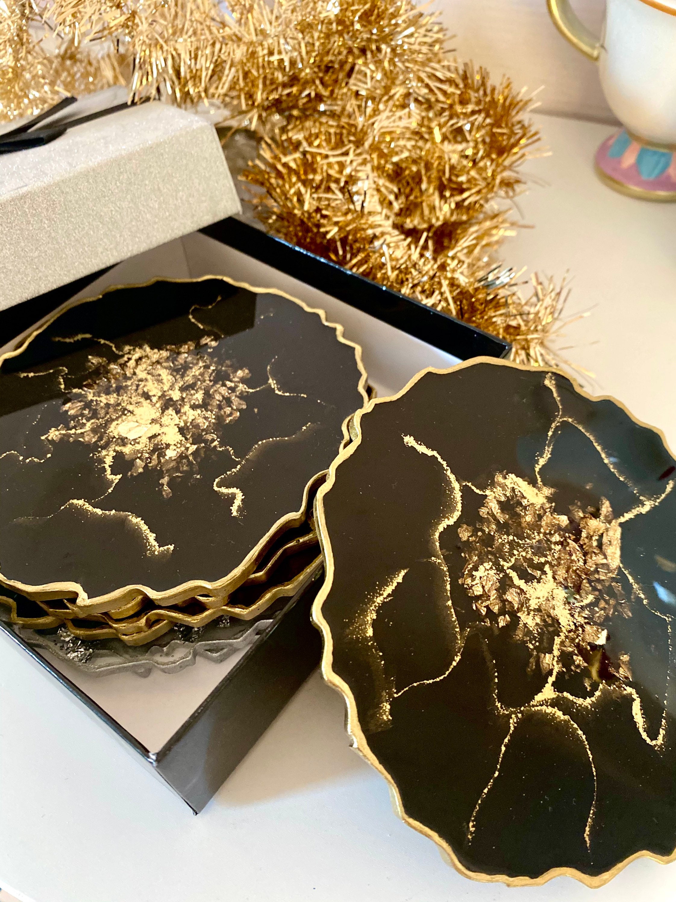 Sous-Verres en Résine d'or Noir Plateau de Décoration d'art