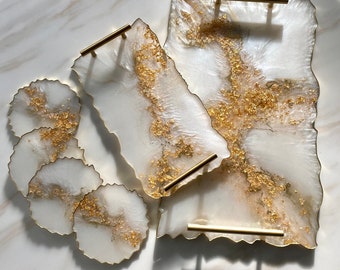 Plateau en résine blanc et or de grande et petite taille avec feuille d'or