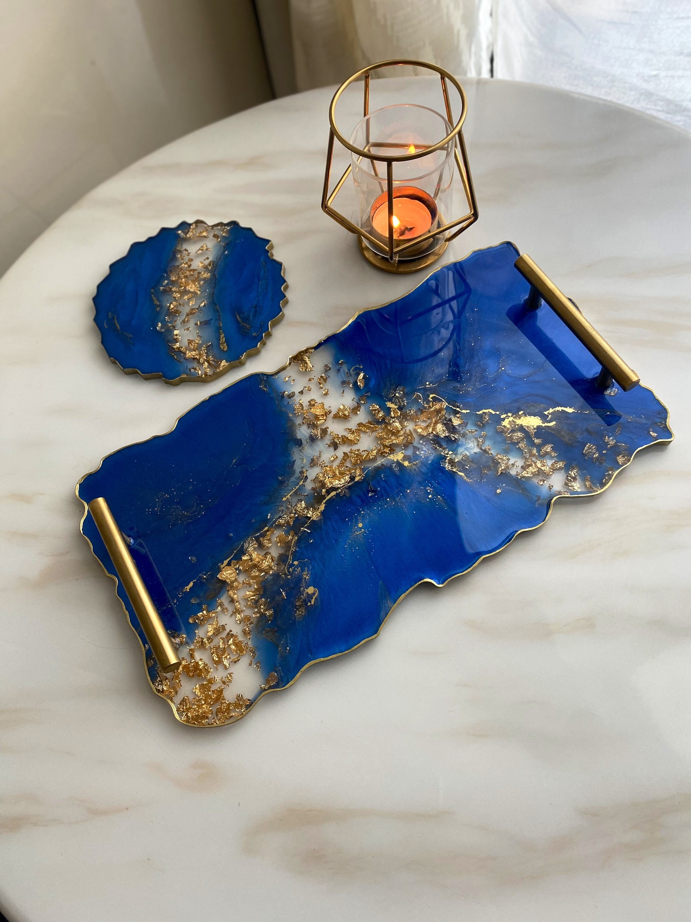 Plateau Rectangulaire en Résine de Grande et Petite Taille Bleu Royal avec Feuille d'or