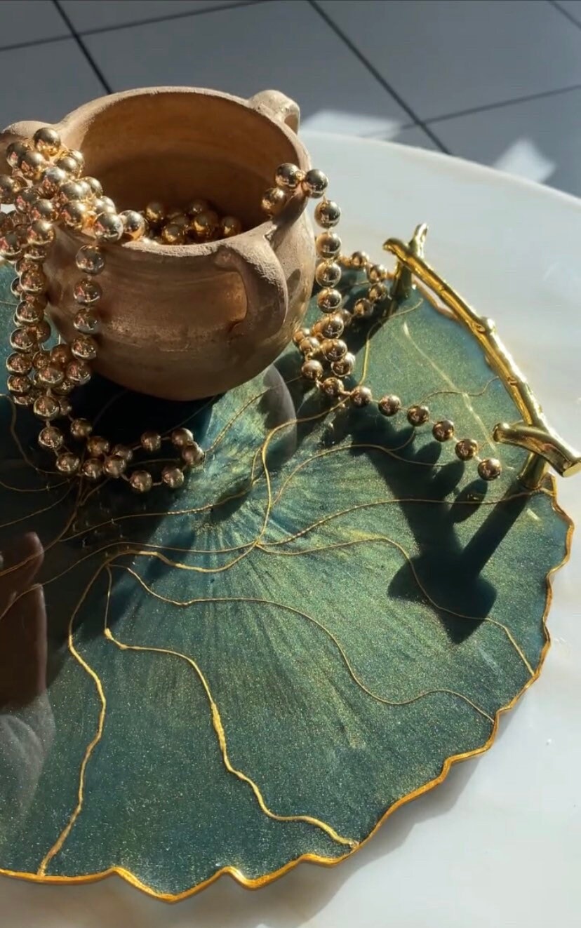 Ensemble de Plateaux en Résine Verte et Or