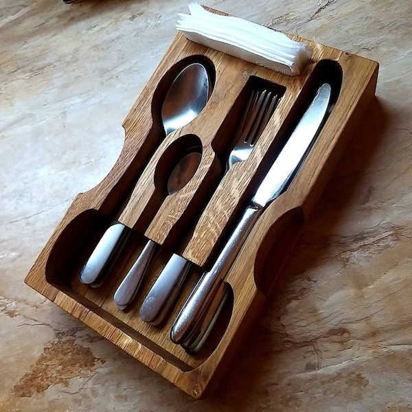 Rustikaler Küchen organizer aus Holz Utensilien Halter Box Holz Besteckständer für Löffel und Gabeln Tablett für Besteck Küchen Vorratsbehälter