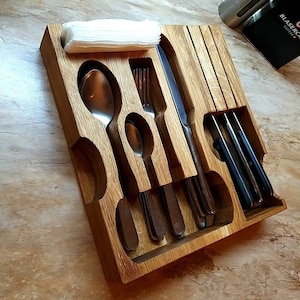 Wooden kitchen organizer Rustic wood Cutlery stand Cutlery Holder Box for spoons and forks Tray for cutlery Kitchen Storage Container