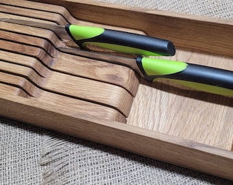 Oak Knife Drawer Organizer: Rustic Wood Knife Block, Custom Size