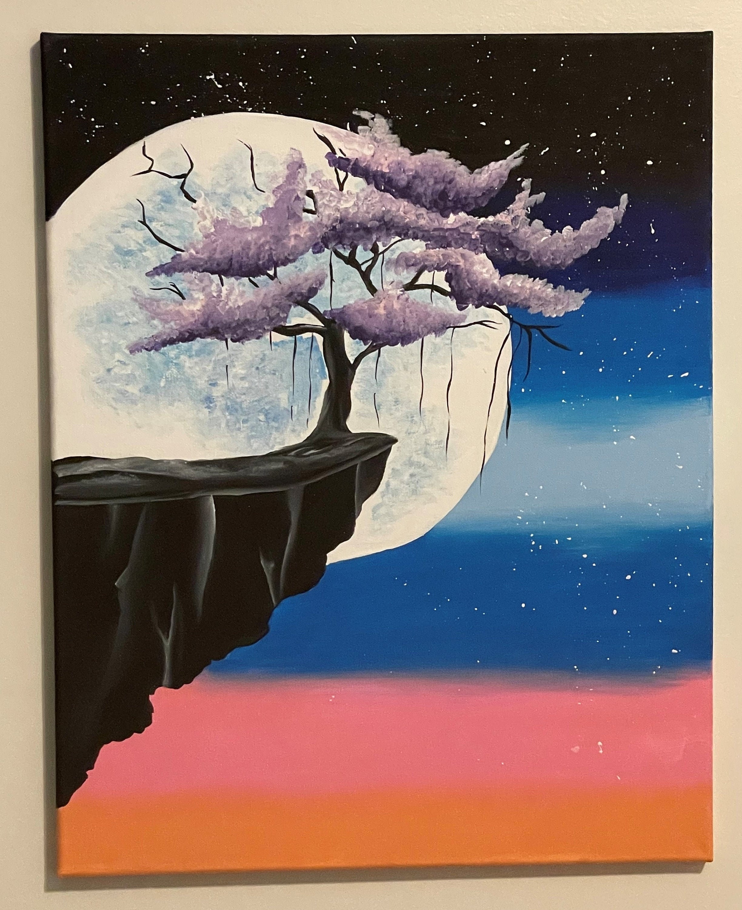 Japanese Blossom With Moon Acrylic Painting Etsy