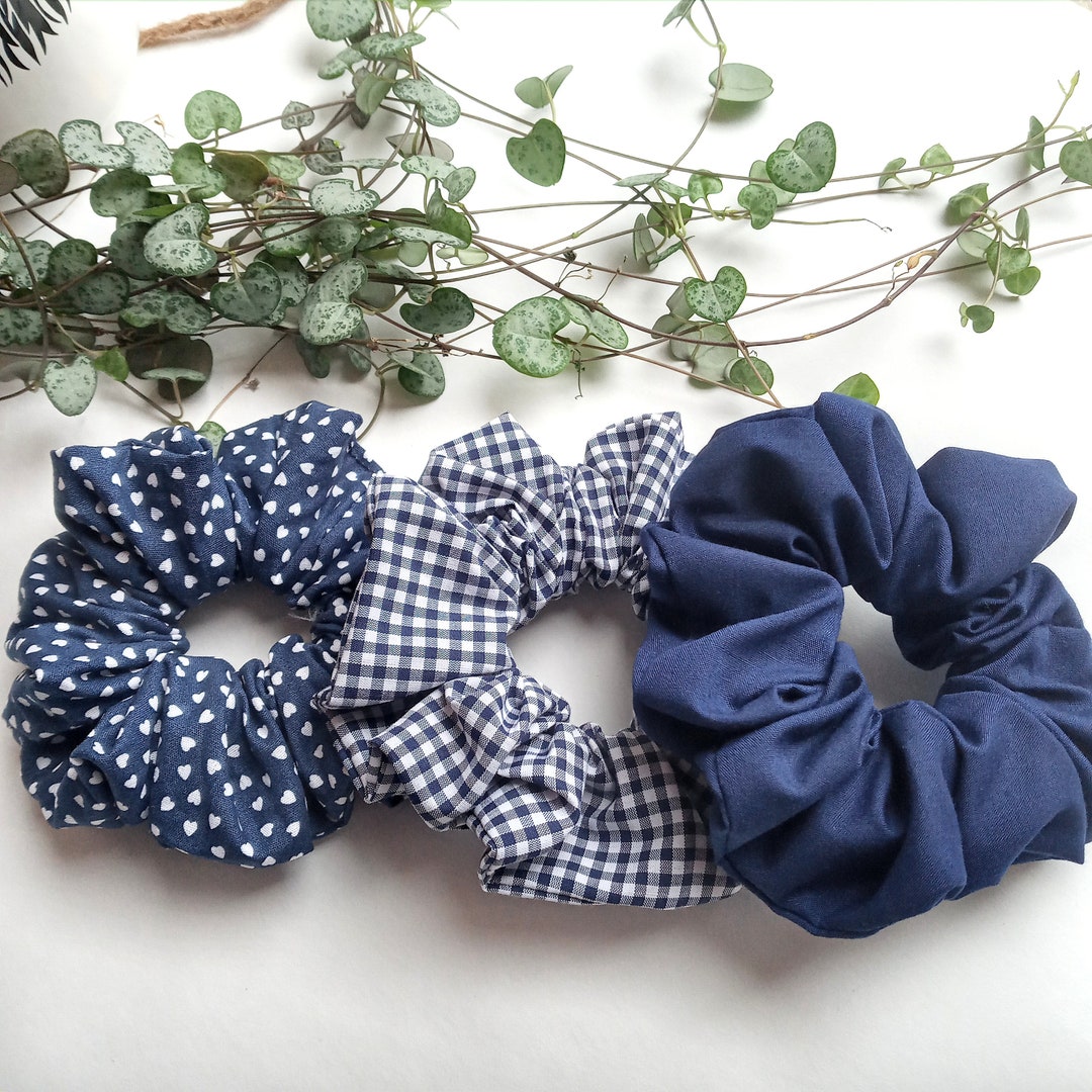 Navy Blue Scrunchies, Scrunchie Bundle, Heart Scrunchie, Blue Gingham