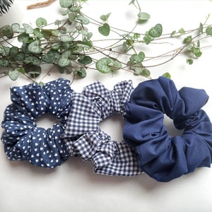 Navy Blue Scrunchies, Scrunchie Bundle, Heart Scrunchie, Blue Gingham Scrunchie, Plain Blue Scrunchie Girlfriend Gift, Handmade Quality UK