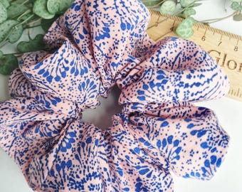 Handmade Floral Scrunchie, Pink & Navy Blue Flower Fabric Scrunchie, Girlfriend Gift, Letterbox Friendly