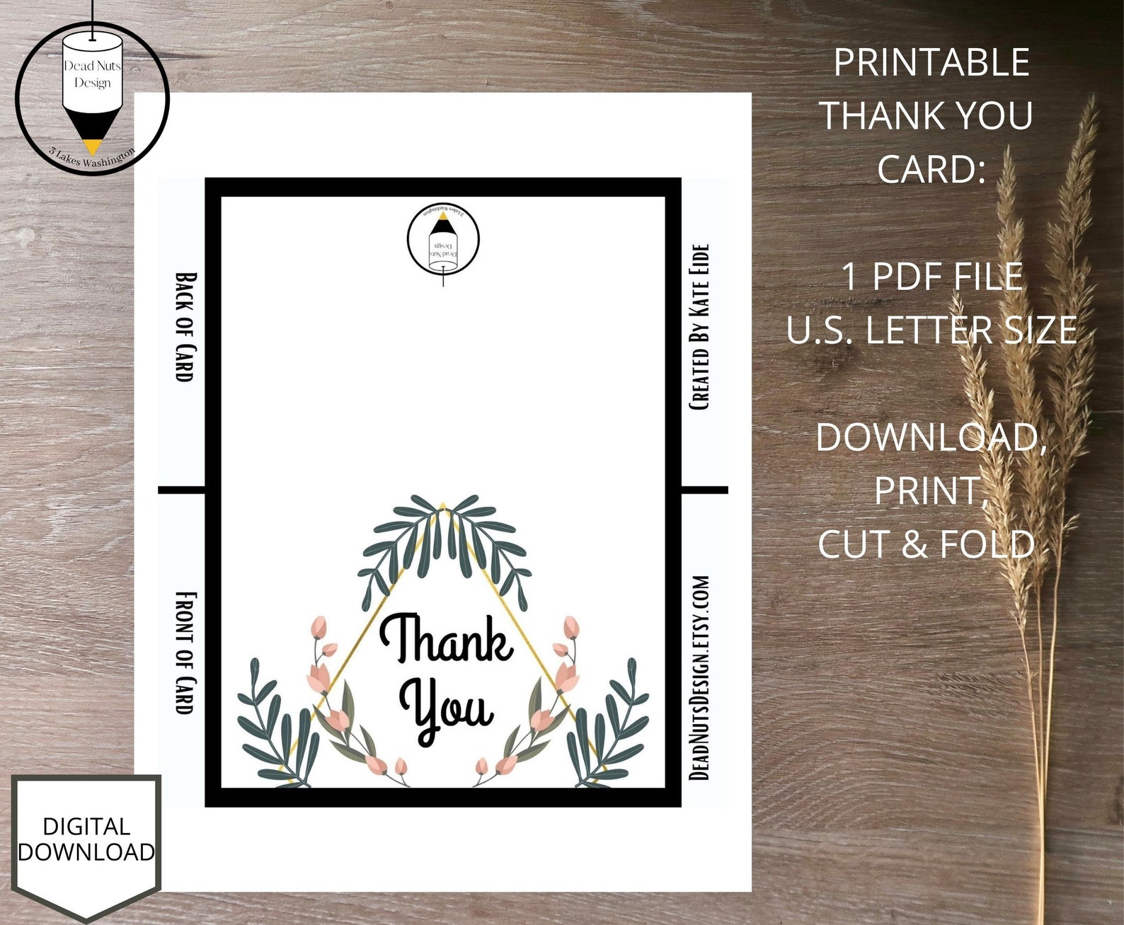 Printable Thank You Card, Floral Instant Download Thank You Greeting ...