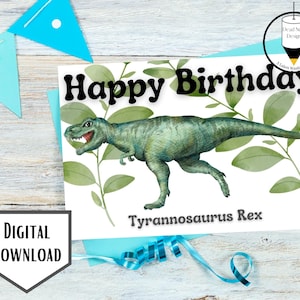 Printable Dinosaur Happy Birthday Card, Tyrannosaurus Rex Birthday card Instant Download, 5x7 Folded T-Rex Card