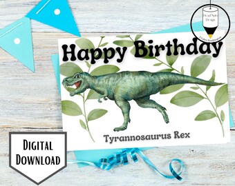 Printable Dinosaur Happy Birthday Card, Tyrannosaurus Rex Birthday card Instant Download, 5x7 Folded T-Rex Card
