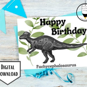 Carte de joyeux anniversaire de dinosaure imprimable, carte d’anniversaire Pachycephalosaurus téléchargement instantané, 5x7 pouces plié