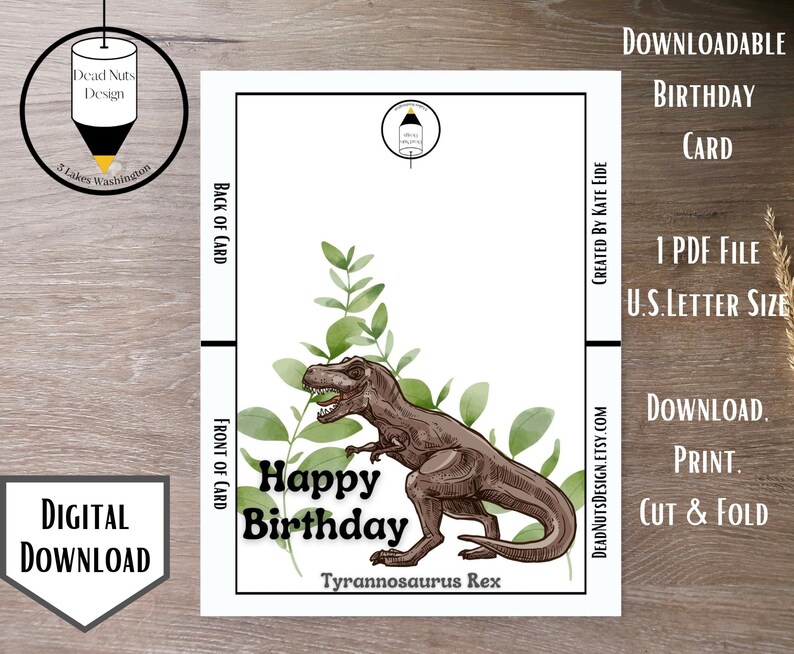 Printable Dinosaur Happy Birthday Card, Tyrannosaurus Birthday Card, Instant Download T-rex Card ...