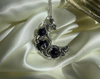Blue Goldstone Moon Necklace – Stainless Steel Wire-Wrapped Pendant