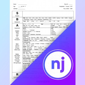 May include: A white medical assessment form with the heading "Situation, Background, Assessment, and Recommendations". The form is filled out with medical terms and abbreviations.