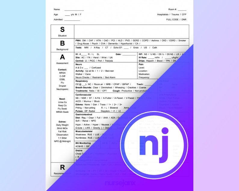 May include: A white medical assessment form with the heading "Situation, Background, Assessment, and Recommendations". The form is filled out with medical terms and abbreviations.
