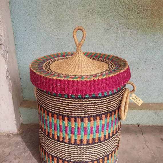 Woven Laundry Basket With Lid African Woven Basket Storage Etsy