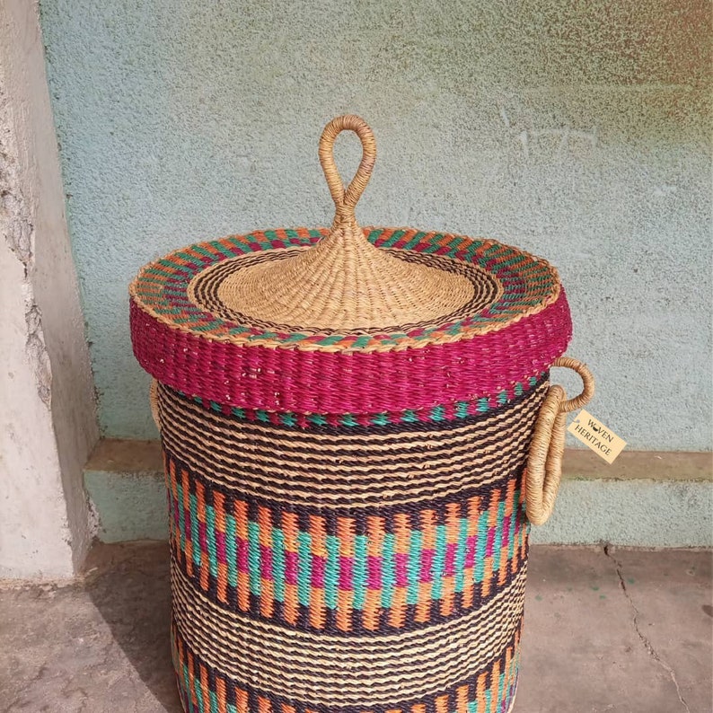 Woven Laundry Basket With Lid African Woven Basket Storage Etsy