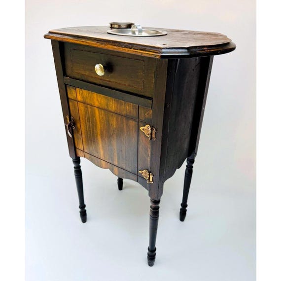 tobacco stand antique Vintage Smoking Stand Cabinet Wood Ashtray Table Copper Lined Tobacco Stand  Side Table