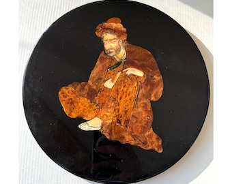 Vintage Asian Burl Wood Marquetry Scholar Plaque, 10 Inch