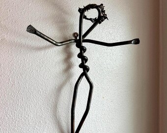Hand-Forged Folk Art Jesus Crucifix Wire Figure With Barbed Wire Crown