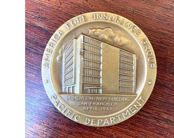 Vintage 1957 America Fore Insurance Group Bronze Medallion - Mid Century Modern San Francisco Architectural Paperweight