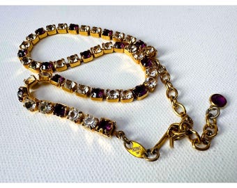 Vintage Trifari Purple Rhinestone Tennis Necklace Gold Tone Choker