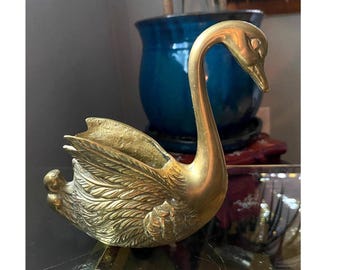 Vintage Brass Swan Planter Hollywood Regency Bird Vase Catchall