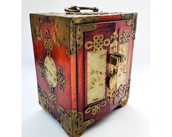 Small Chinese Brass Mounted Jewelry Cabinet with Carved Stone Panels