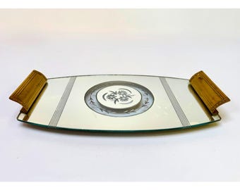 Art Deco Mirrored Etched Glass and Brass Tray with Floral Medallion