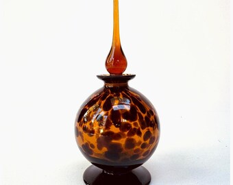Vintage Hand Blown Tortoiseshell Art Glass Decanter Stopper Bottle Amber Brown