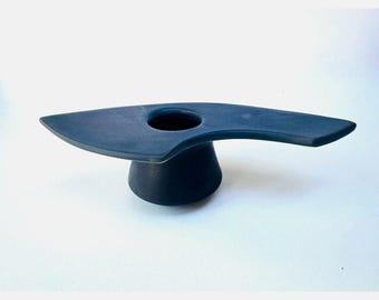 Signed Postmodern Studio Pottery Ikebana Vase Matte Black Ceramic Vessel