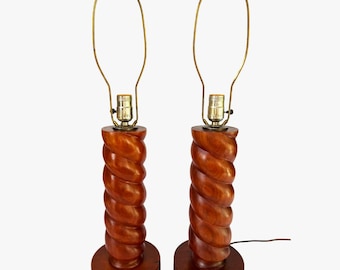 Mid-Century Sculptural Spiral Wood Table Lamps Pair Brass Hardware 26 Inch
